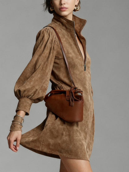 Daily Dresses For Woman Mini Dresses Camel Long Sleeves V-Neck Natural Waist Dress