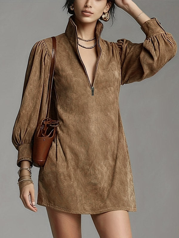 Daily Dresses For Woman Mini Dresses Camel Long Sleeves V-Neck Natural Waist Dress