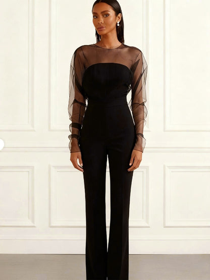 Jumpsuits Black Jewel Neck Long Sleeves Flared Summer One Piece Outfit