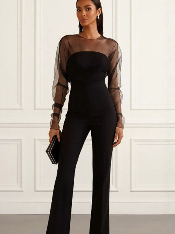 Jumpsuits Black Jewel Neck Long Sleeves Flared Summer One Piece Outfit