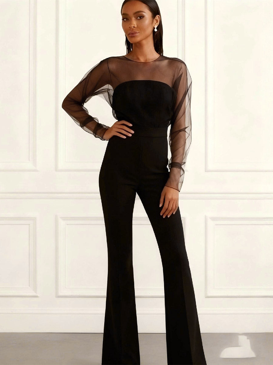 Jumpsuits Black Jewel Neck Long Sleeves Flared Summer One Piece Outfit