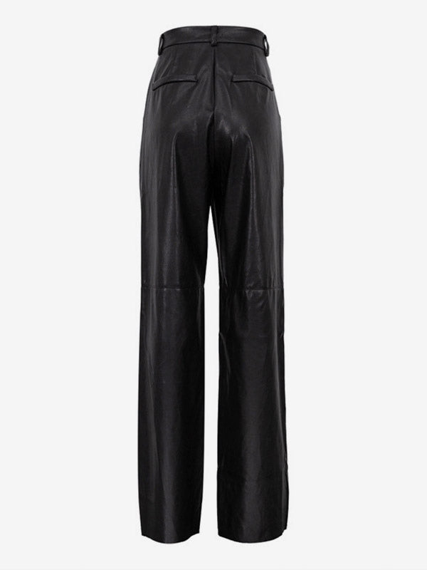 Pants Blue Buttons PU Leather Natural Waist Straight Trousers