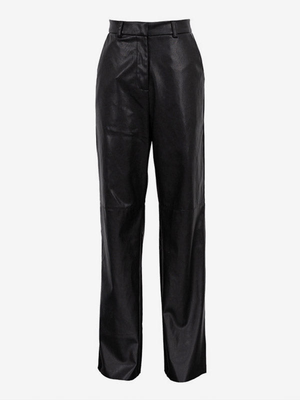 Pants Blue Buttons PU Leather Natural Waist Straight Trousers