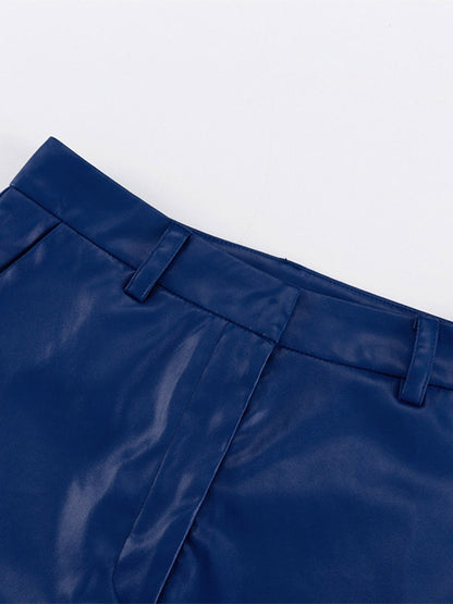 Pants Blue Buttons PU Leather Natural Waist Straight Trousers