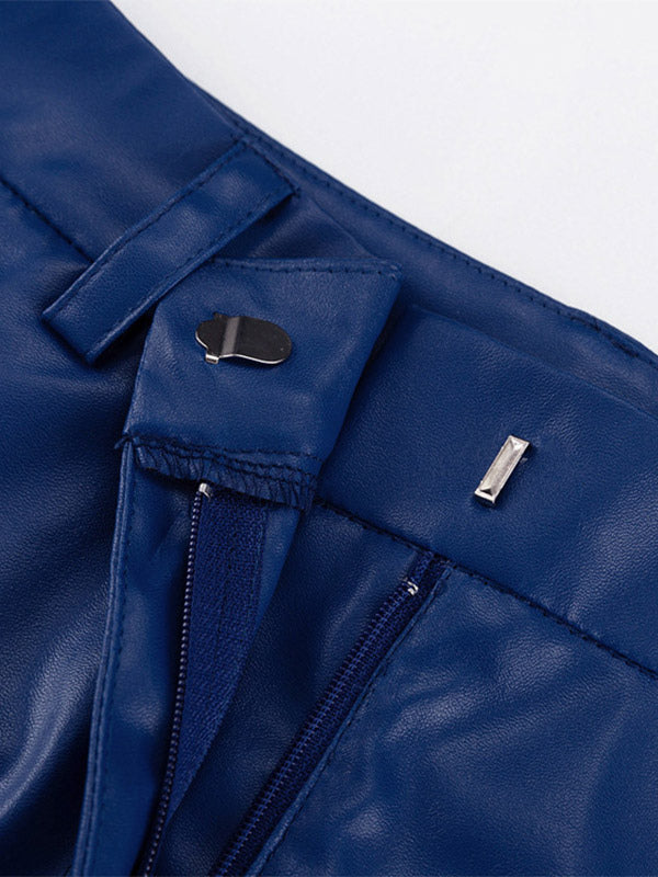 Pants Blue Buttons PU Leather Natural Waist Straight Trousers