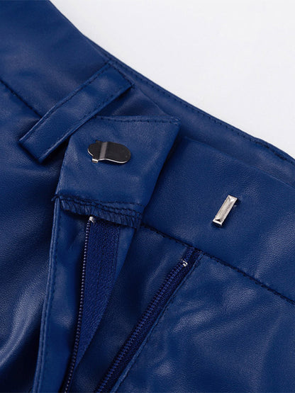 Pants Blue Buttons PU Leather Natural Waist Straight Trousers