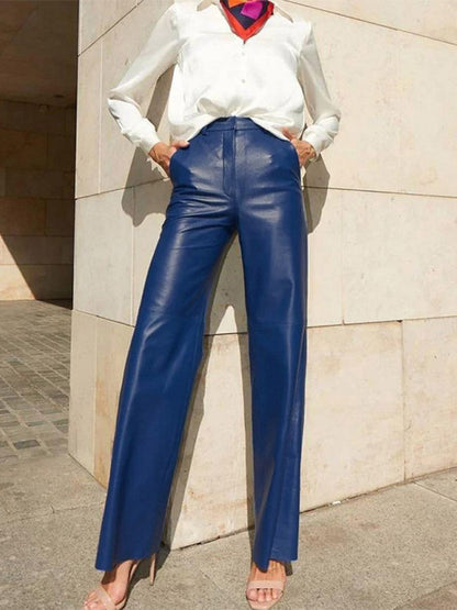 Pants Blue Buttons PU Leather Natural Waist Straight Trousers
