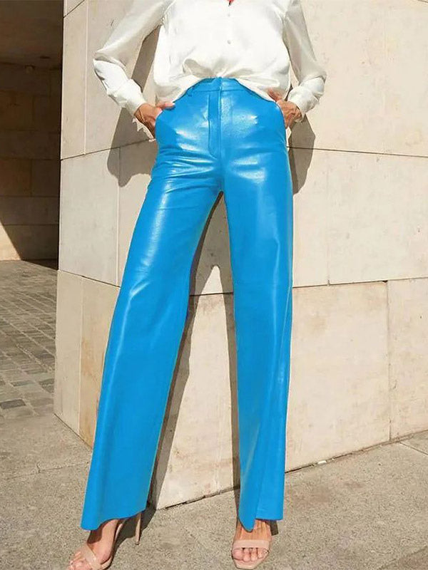 Pants Blue Buttons PU Leather Natural Waist Straight Trousers