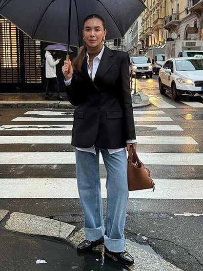 Blazer For Women Chic Turndown Collar Buttons Long Sleeves Suits