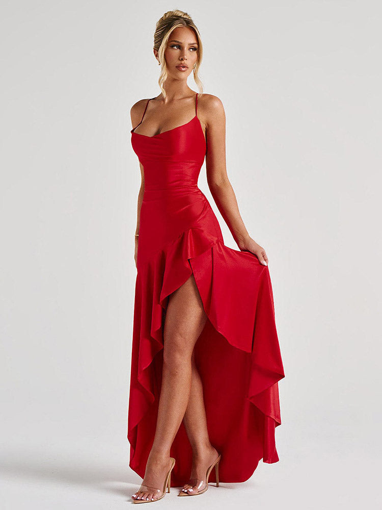 Red Strapless High Slit Satin Maxi Gown For Women Bold Formal Style