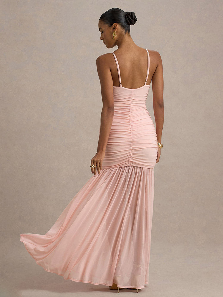 Creamy White V Neck Ruched Sheer Maxi Gown For Women Elegant Formal Style