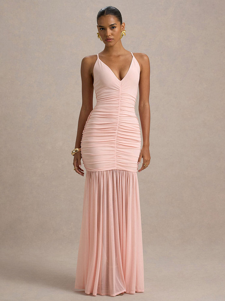 Creamy White V Neck Ruched Sheer Maxi Gown For Women Elegant Formal Style