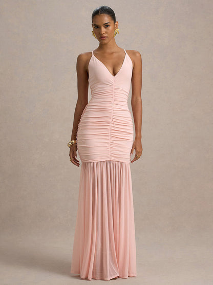Creamy White V Neck Ruched Sheer Maxi Gown For Women Elegant Formal Style