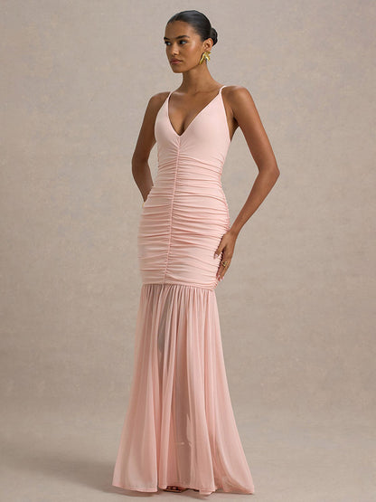 Creamy White V Neck Ruched Sheer Maxi Gown For Women Elegant Formal Style