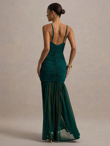 Creamy White V Neck Ruched Sheer Maxi Gown For Women Elegant Formal Style