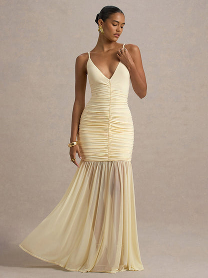 Creamy White V Neck Ruched Sheer Maxi Gown For Women Elegant Formal Style
