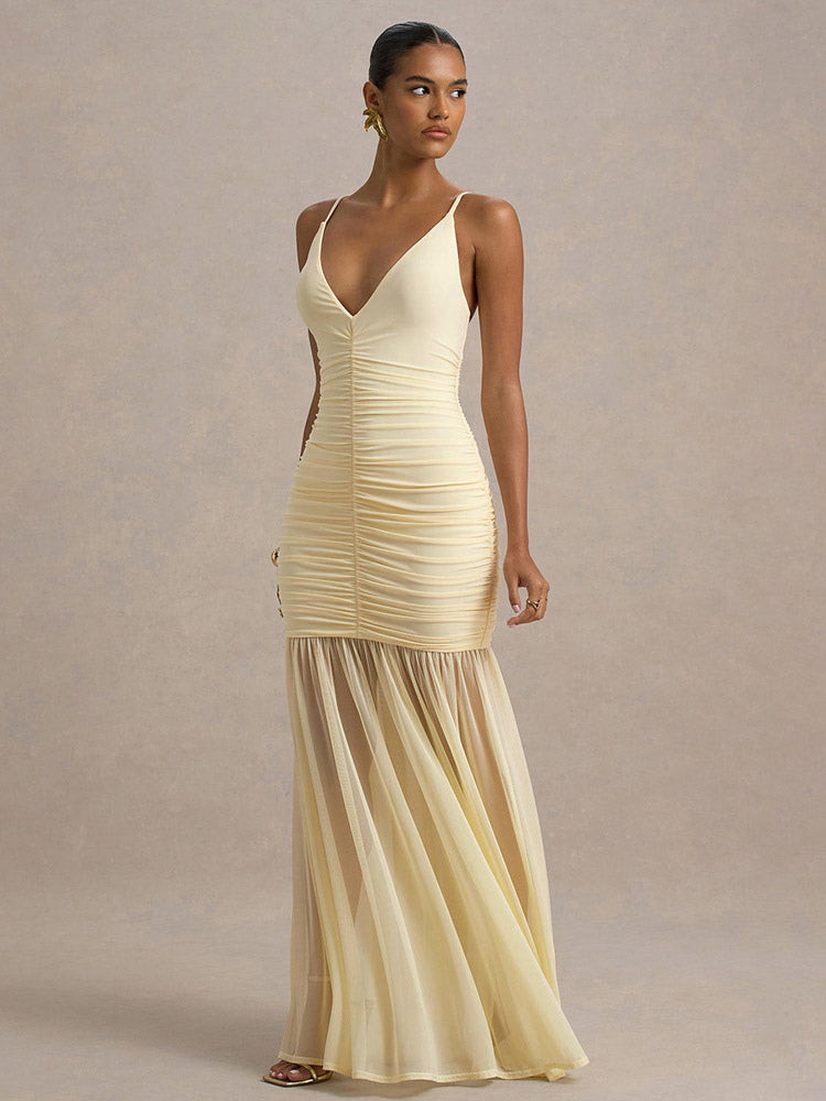 Creamy White V Neck Ruched Sheer Maxi Gown For Women Elegant Formal Style
