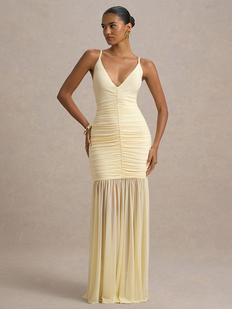 Creamy White V Neck Ruched Sheer Maxi Gown For Women Elegant Formal Style