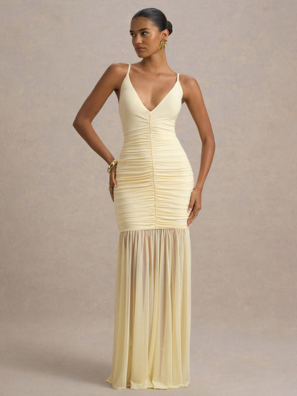 Creamy White V Neck Ruched Sheer Maxi Gown For Women Elegant Formal Style