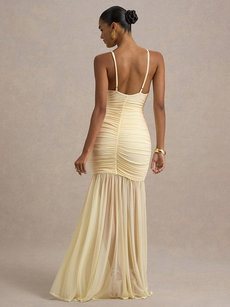 Creamy White V Neck Ruched Sheer Maxi Gown For Women Elegant Formal Style