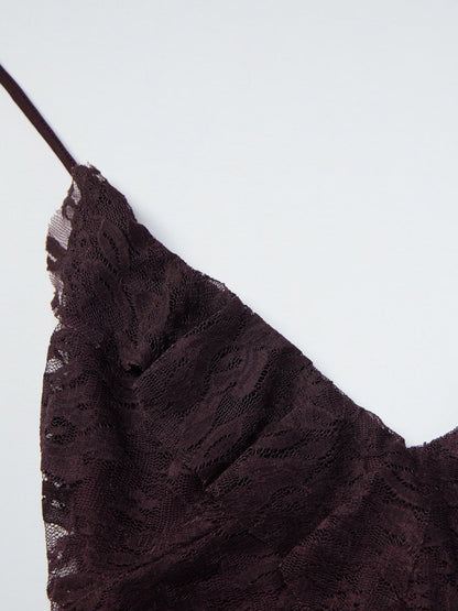 Deep Brown Ruched Lace Halter Mini Dress For Women Bold Casual Style