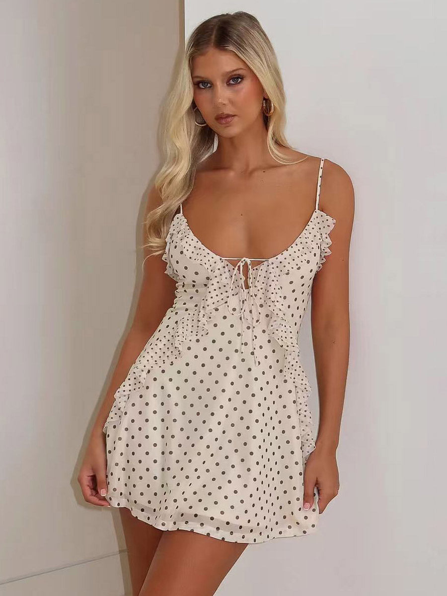 Cream Polka Dot Ruffle Cami Mini Dress For Women Chic Summer Style