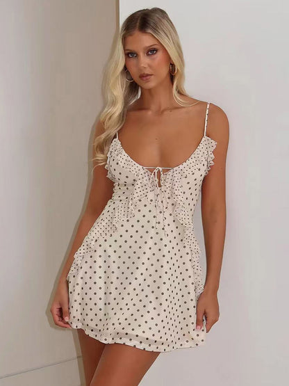 Cream Polka Dot Ruffle Cami Mini Dress For Women Chic Summer Style