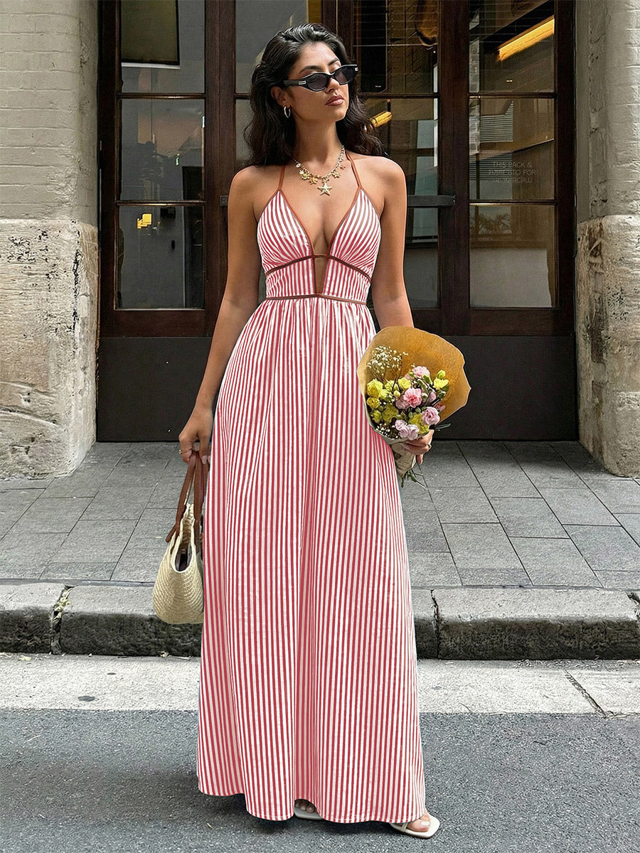 Vacation Dresses Maxi Backless Sleeveless V-Neck Cap Sleeves Sexy Burgundy Summer Dresses