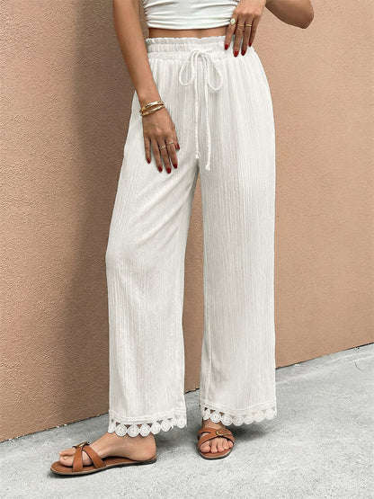 ‌White Lace Hem Drawstring Wide Leg Pants Summer Casual Loose Fit Trousers
