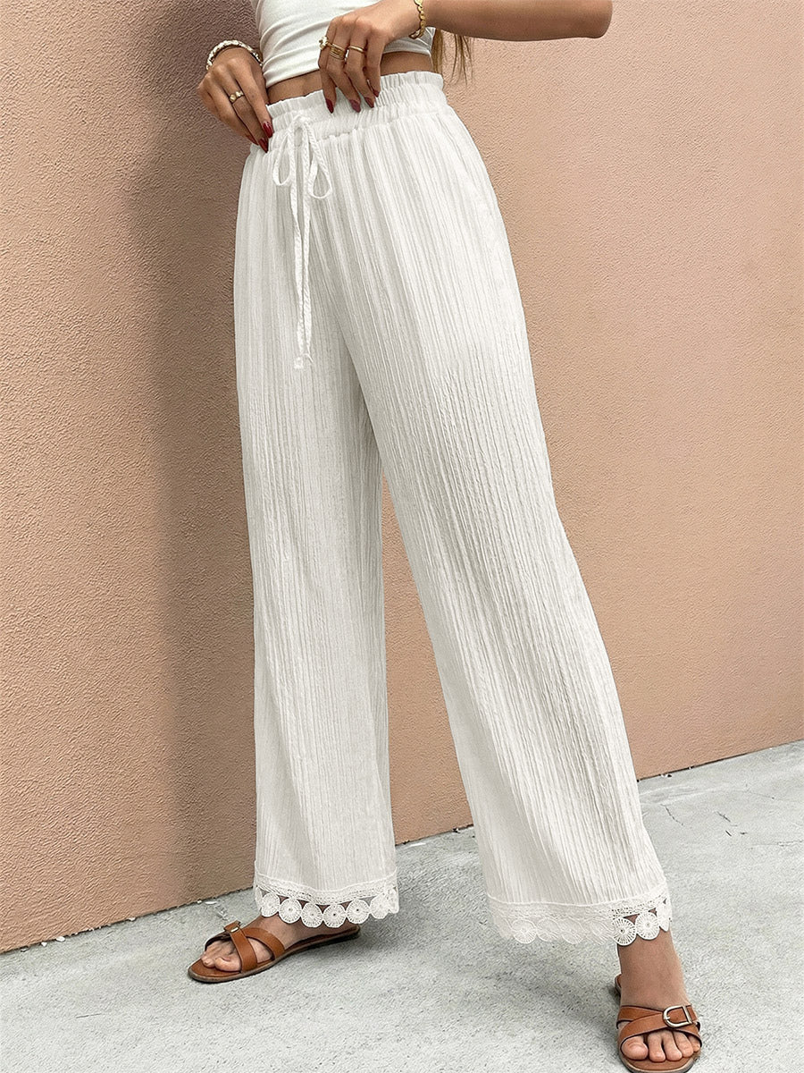 ‌White Lace Hem Drawstring Wide Leg Pants Summer Casual Loose Fit Trousers