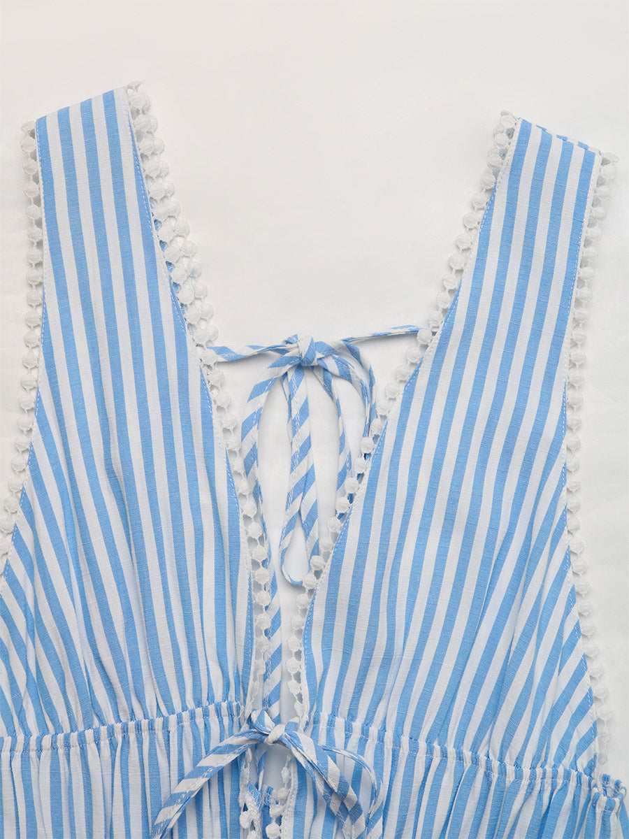 Date Night Mini Dresses Sleeveless Backless Stripes V-Neck Sexy Blue Summer Dresses