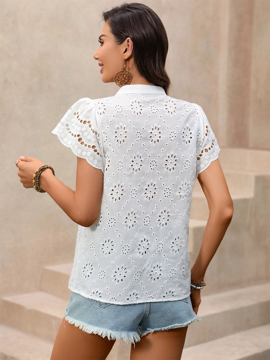 Blouse For Women White V-Neck Casual Cut Out Short Sleeves Summer Tops