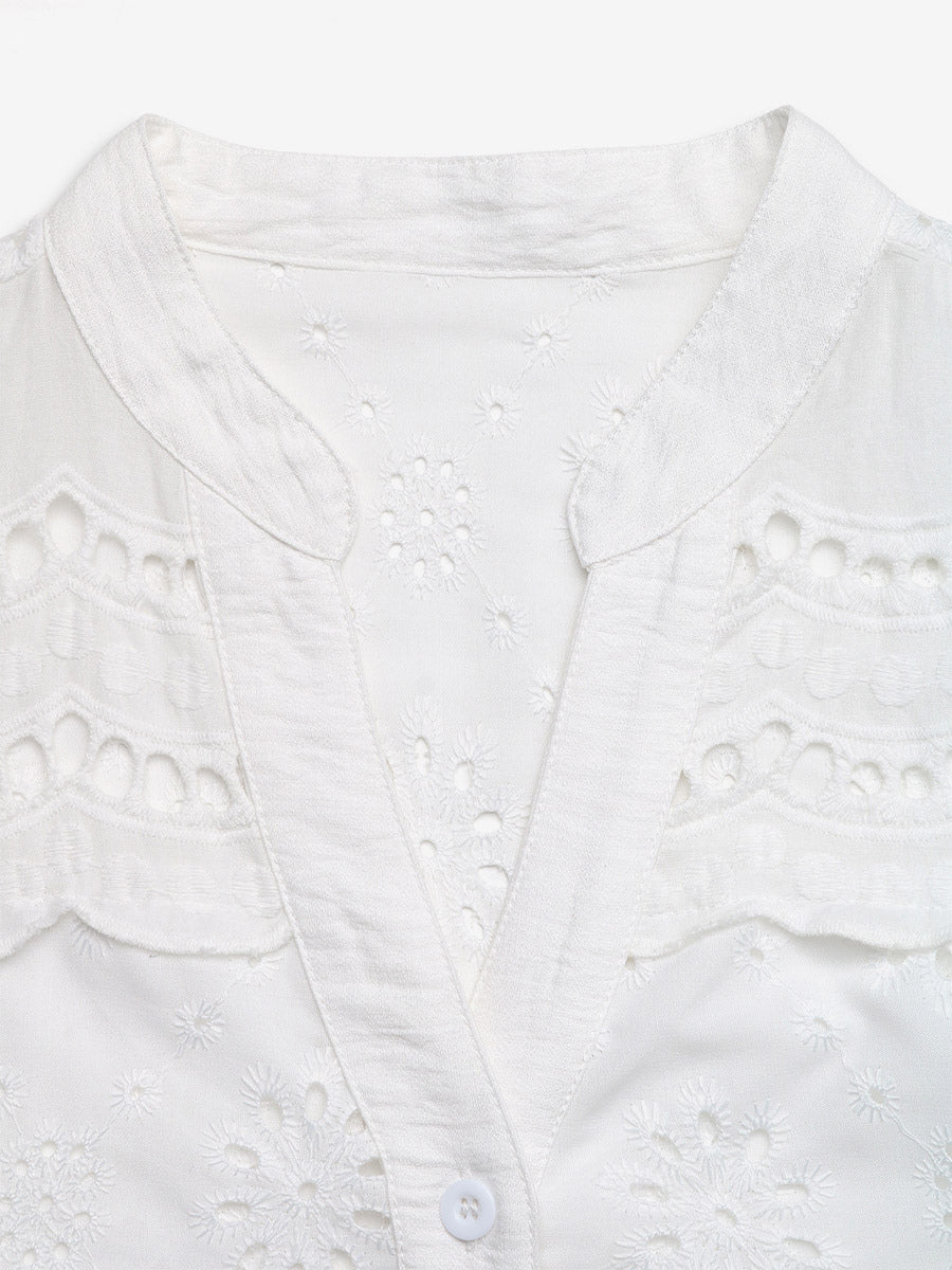Blouse For Women White V-Neck Casual Cut Out Short Sleeves Summer Tops