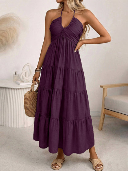 Vacation Maxi Dresses Lace Up Sleeveless Backless V-Neck Sweet Green Summer Dress