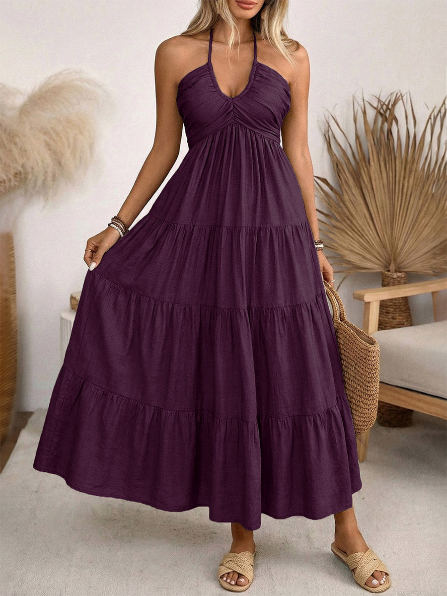 Vacation Maxi Dresses Lace Up Sleeveless Backless V-Neck Sweet Green Summer Dress