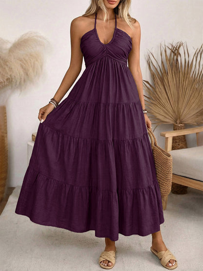 Vacation Maxi Dresses Lace Up Sleeveless Backless V-Neck Sweet Green Summer Dress