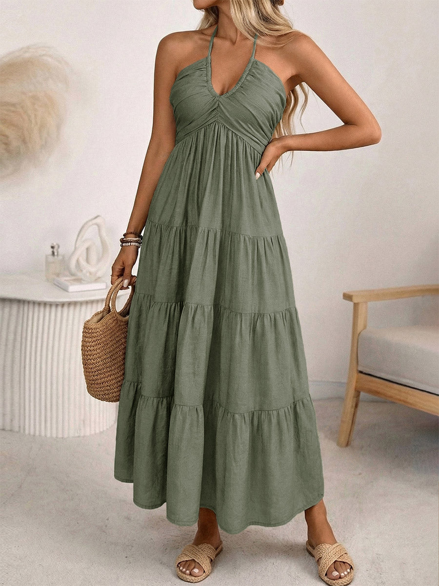 Vacation Maxi Dresses Lace Up Sleeveless Backless V-Neck Sweet Green Summer Dress