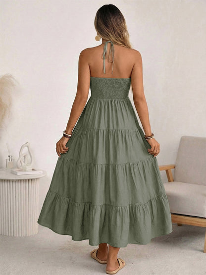 Vacation Maxi Dresses Lace Up Sleeveless Backless V-Neck Sweet Green Summer Dress