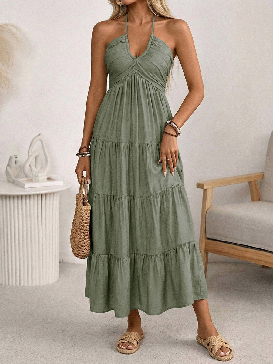 Vacation Maxi Dresses Lace Up Sleeveless Backless V-Neck Sweet Green Summer Dress
