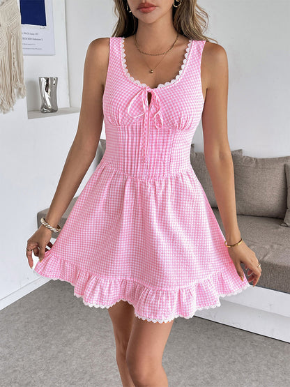 Date Night Dresses Mini Lace Up Sleeveless Backless Blue Knee Length Summer Dress