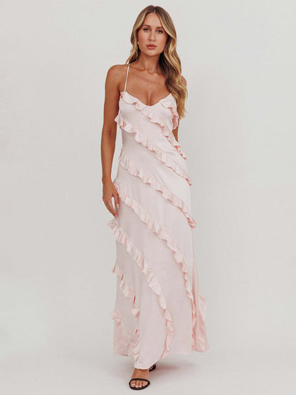 Party Dress Maxi Pink Straps Neck Ruffles Sleeveless Casual Semi Formal Summer Dress