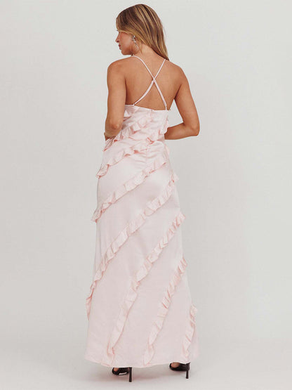 Party Dress Maxi Pink Straps Neck Ruffles Sleeveless Casual Semi Formal Summer Dress