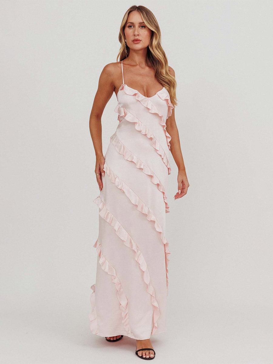 Party Dress Maxi Pink Straps Neck Ruffles Sleeveless Casual Semi Formal Summer Dress