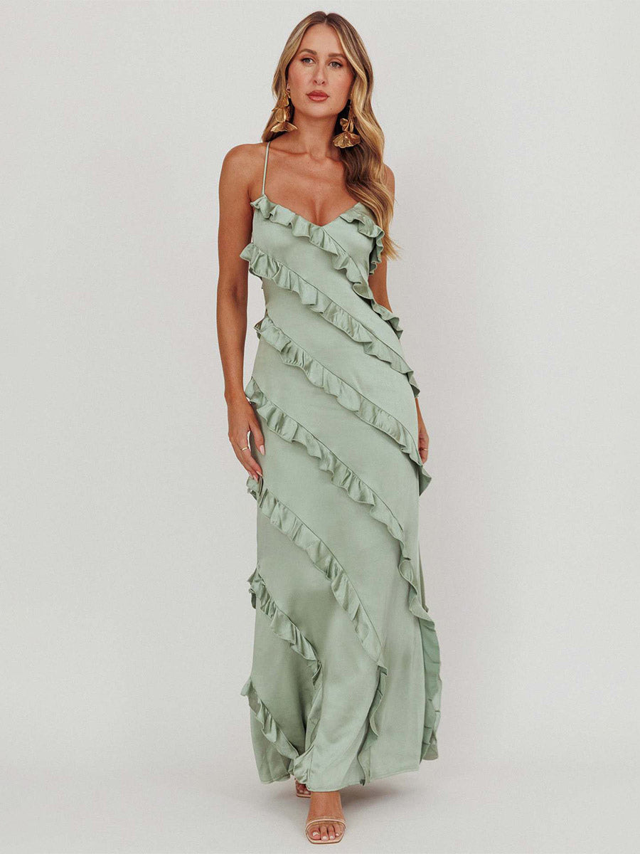 Party Dress Maxi Pink Straps Neck Ruffles Sleeveless Casual Semi Formal Summer Dress