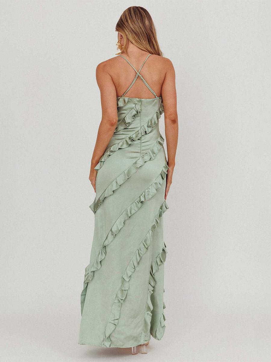 Party Dress Maxi Pink Straps Neck Ruffles Sleeveless Casual Semi Formal Summer Dress