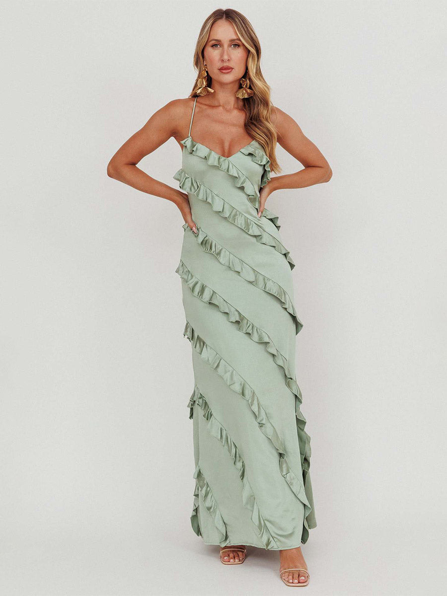 Party Dress Maxi Pink Straps Neck Ruffles Sleeveless Casual Semi Formal Summer Dress