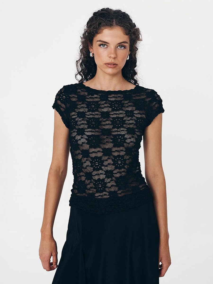 T-Shirt Short Sleeves Tees Black Lace Straps Neck Women Summer T Shirt