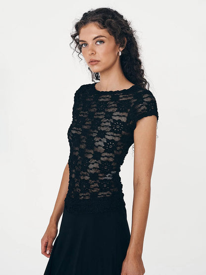T-Shirt Short Sleeves Tees Black Lace Straps Neck Women Summer T Shirt