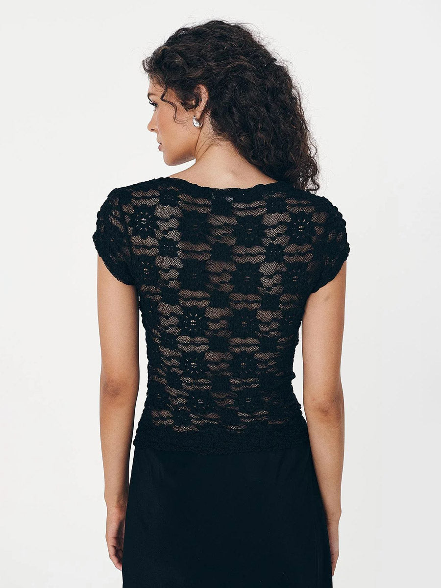 T-Shirt Short Sleeves Tees Black Lace Straps Neck Women Summer T Shirt