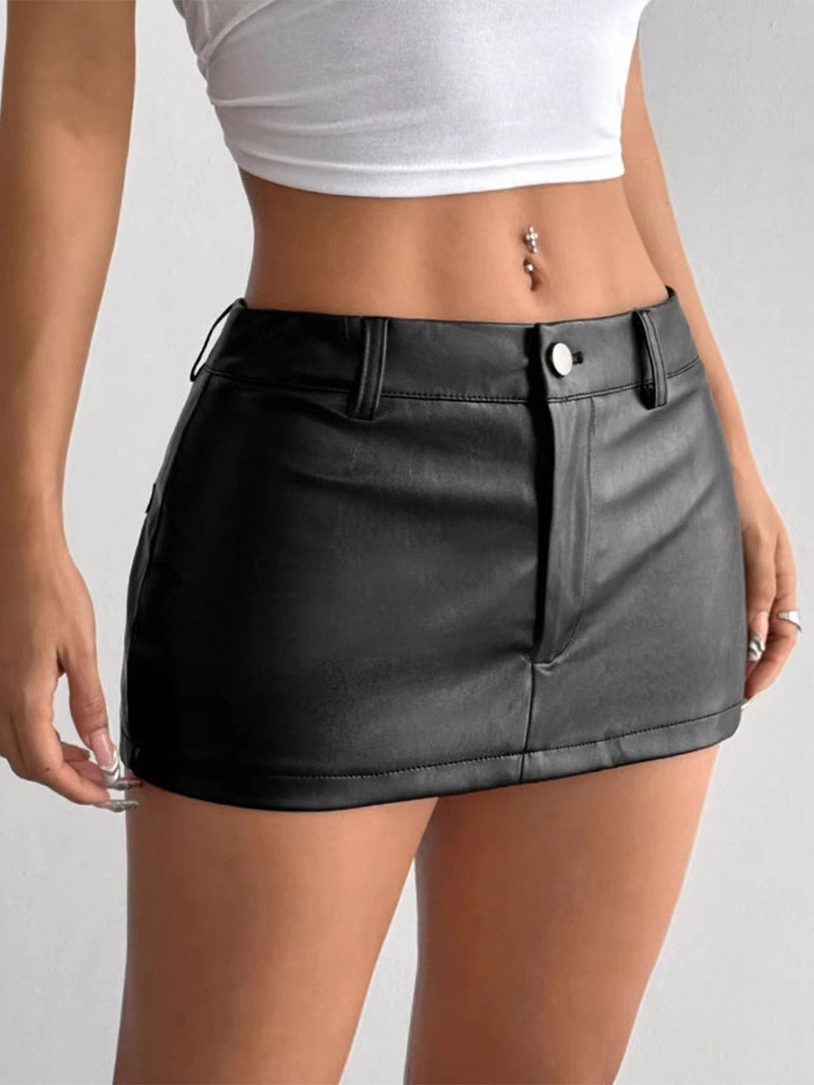 Skirts Black Low Rise Waist PU Leather Sexy Spring Mini Women's Bottoms